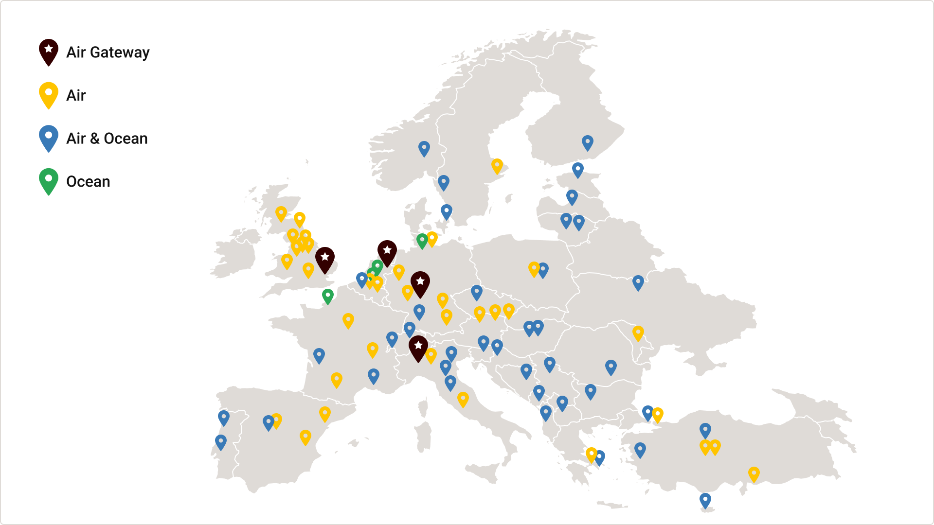 Map showing the different UPS air and ocean ports in Europe