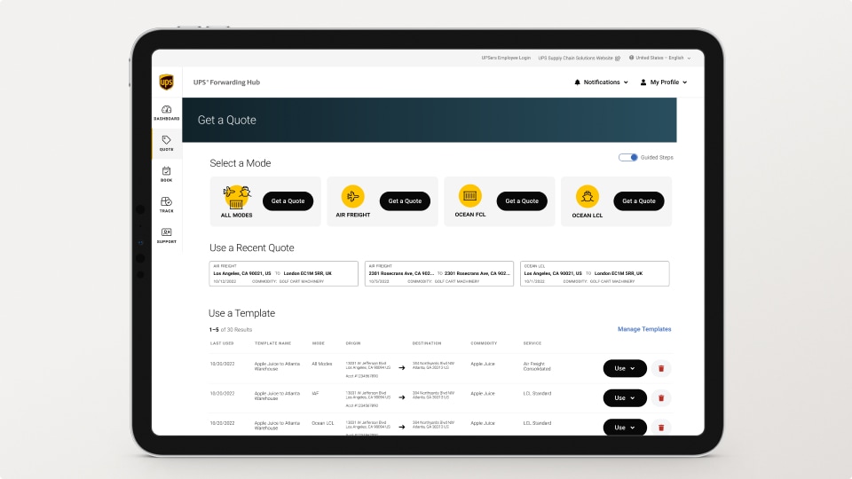 UPS® Forwarding Hub on a mobile device