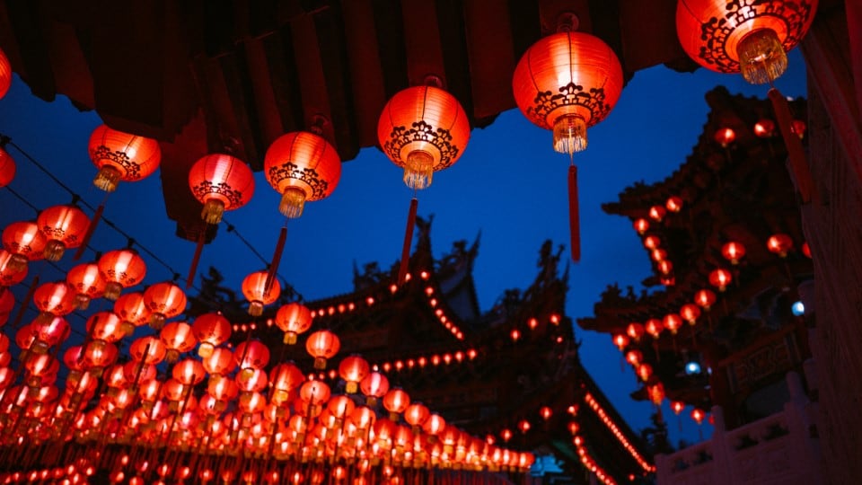 Chinese lantern lit at night during Lunar New Year