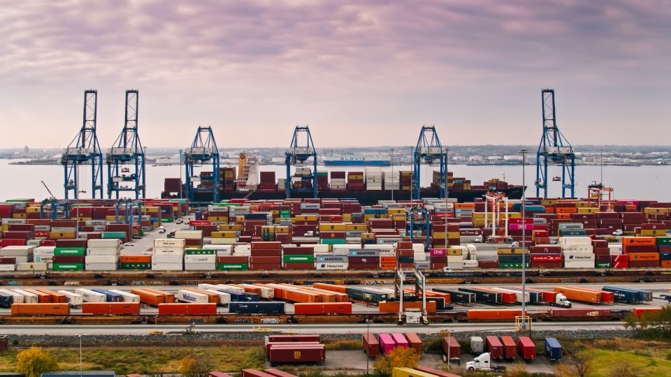 The Port of Baltimore at sunset, overlooking the intermodal rail container yard