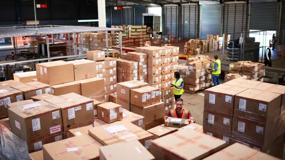 Shot of people at work in a large warehouse full of boxes