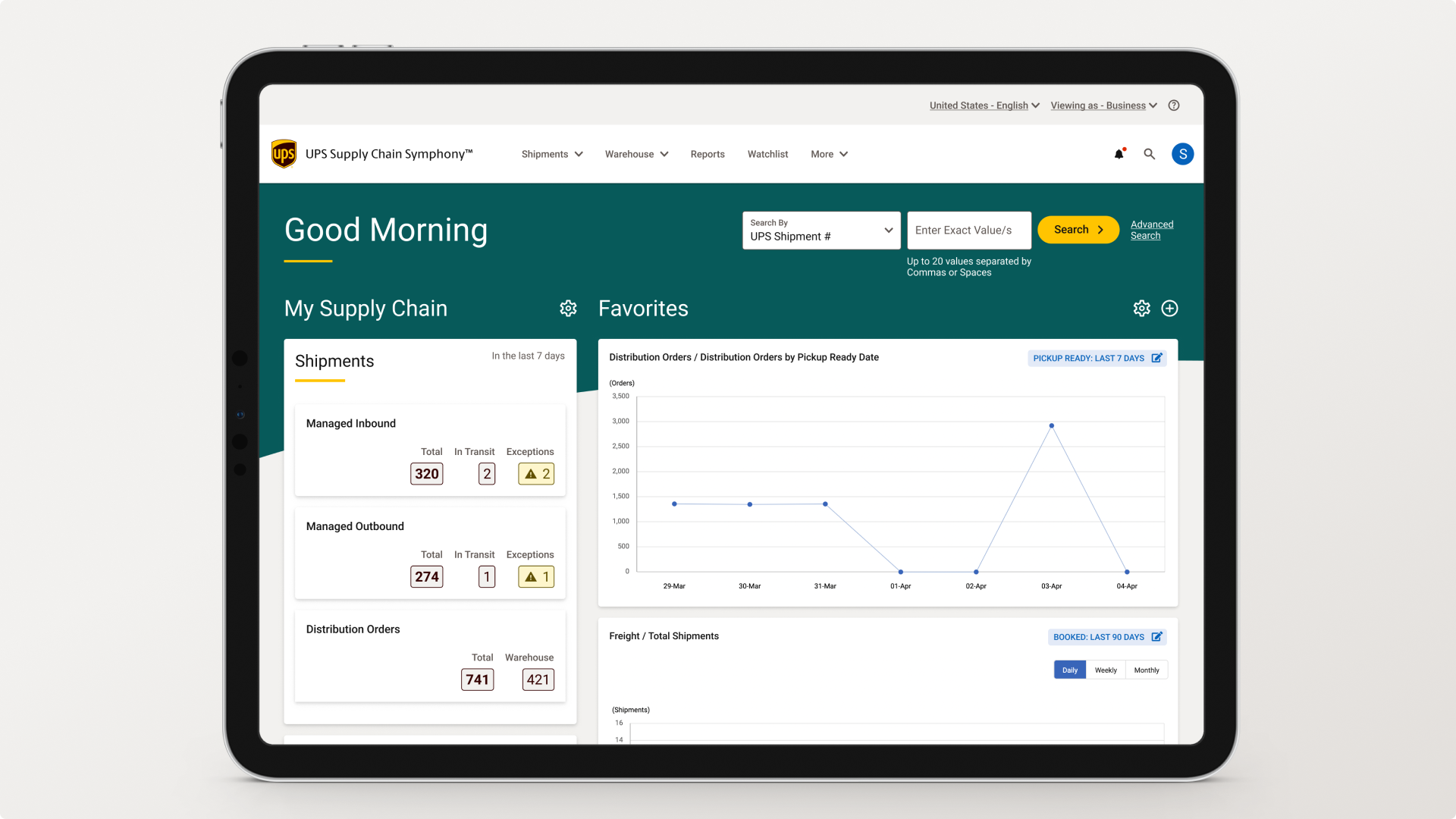 tablet displaying the UPS Supply Chain Solutions Symphony platform