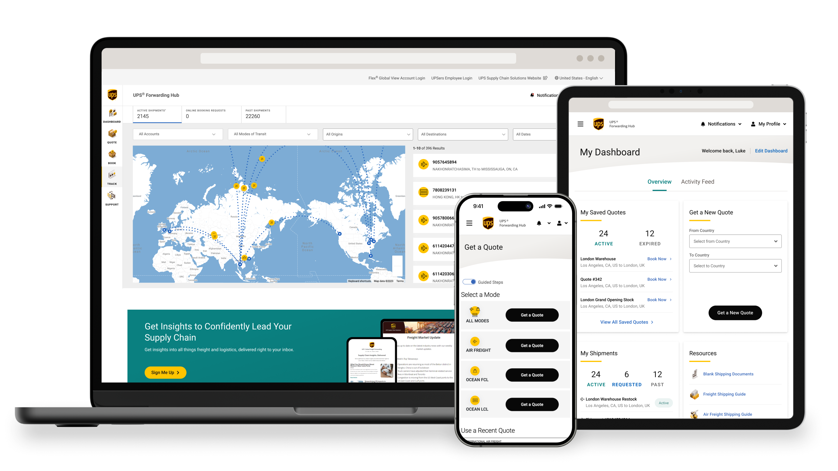 UPS Forwarding Hub application displayed on three device types