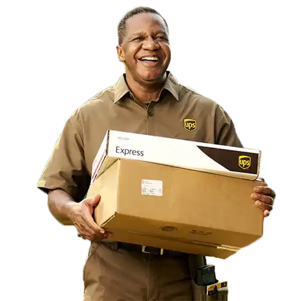 Smiling U-P-S driver holding two packages to be delivered.