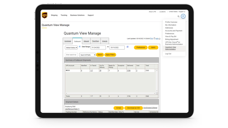Tablet displaying the Quantum View Manage Tracking portal