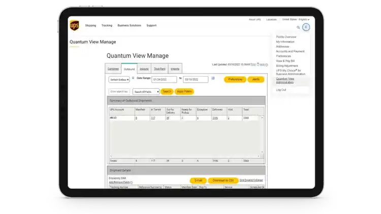 Tablet displaying the Quantum View Manage Tracking portal